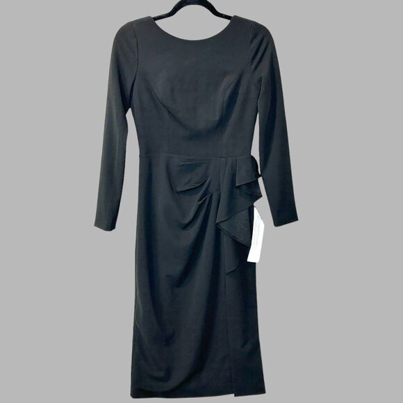 Dress The Population Ruffled 3/4 Sleeves Midi Cocktail Dress Black Women S NWOT - Picture 2 of 9